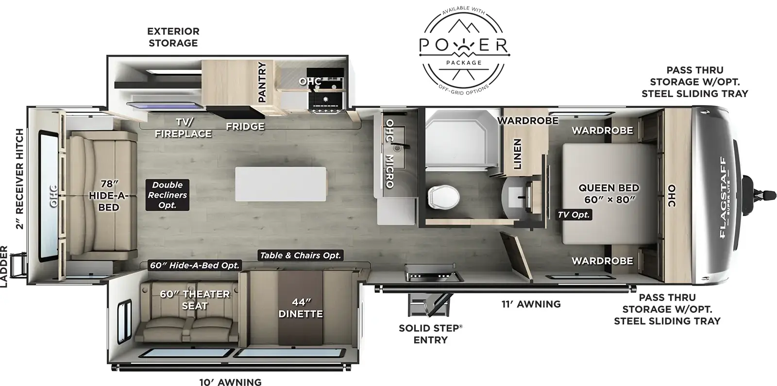 The Flagstaff Super Lite Travel Trailers 29RLKS floorplan has one entry and two slide outs. Exterior features include: fiberglass exterior and 10' & 11'6" awning. Interiors features include: kitchen island, front bedroom and rear living.